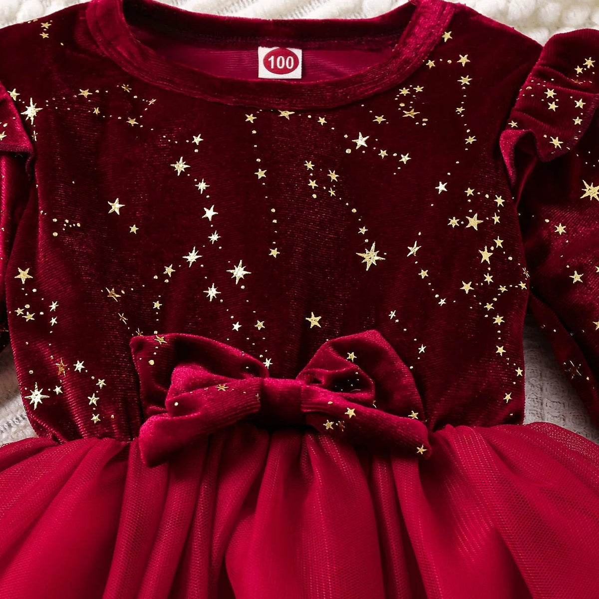 Robe de Noël Bébé Fille | Tenue de Fête Velours & Étoiles Dorées