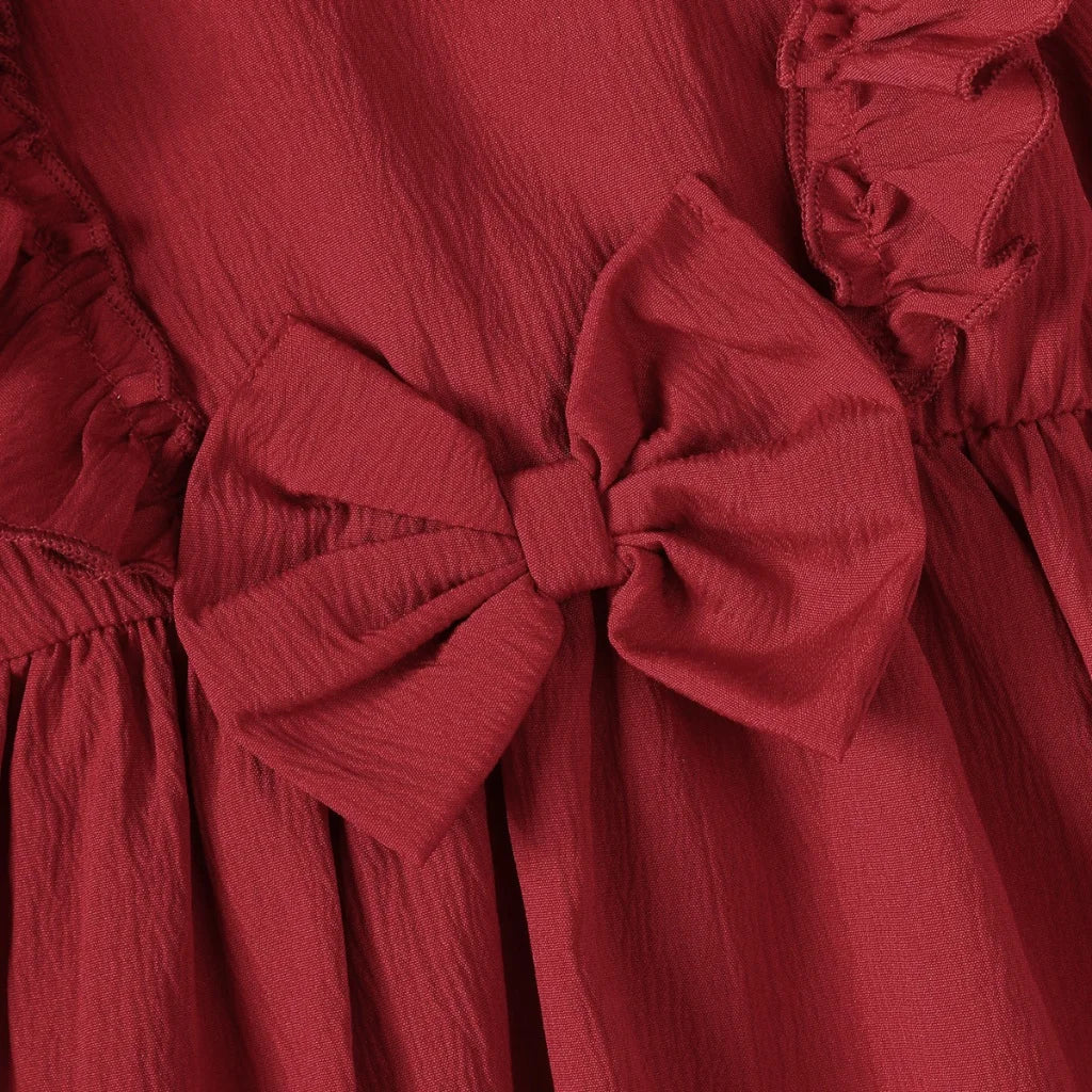 Robe de Noël Bébé Fille Rouge Bordeaux à Volants et Grand Nœud – Avec Bandeau Assorti