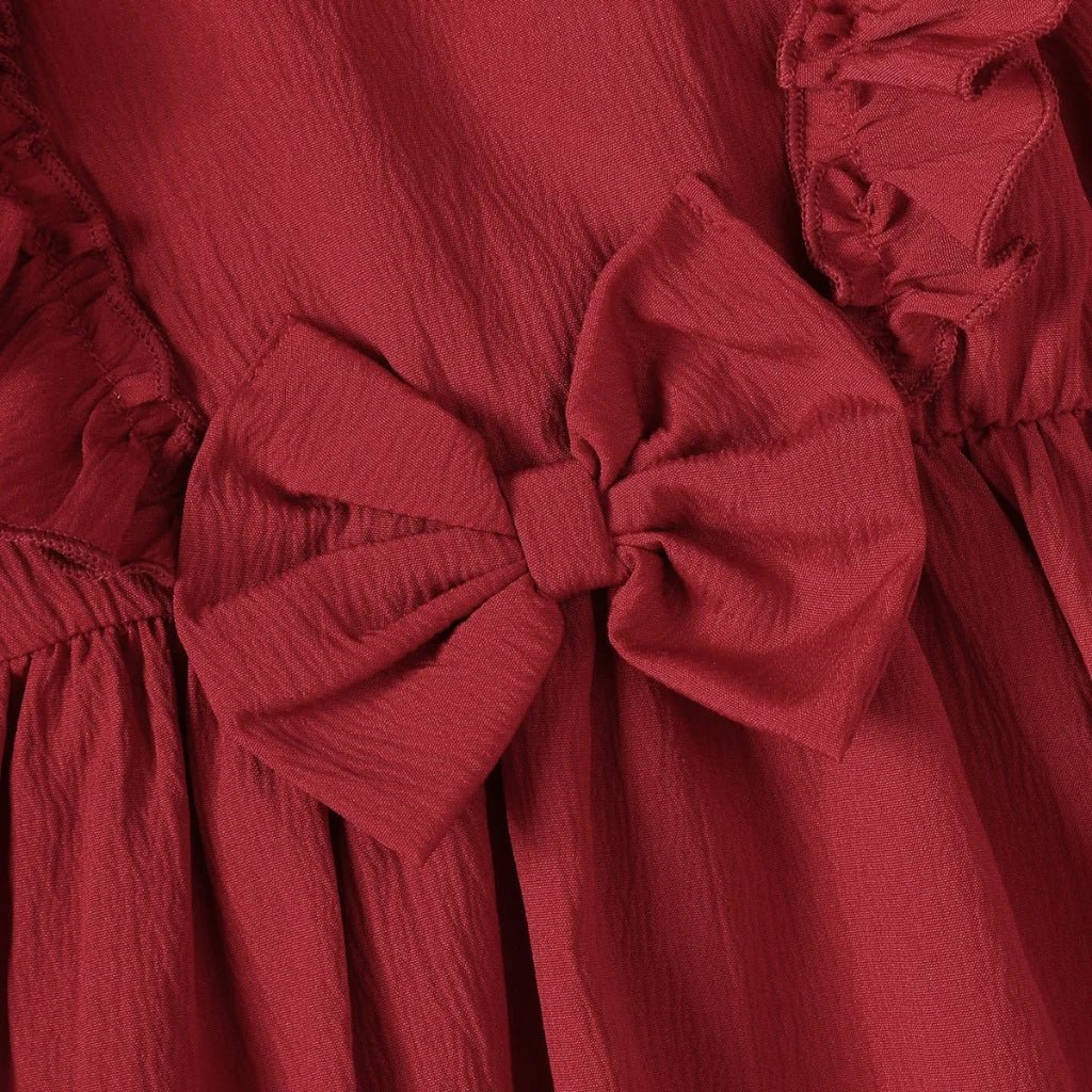 Robe de Noël Bébé Fille Rouge Bordeaux à Volants et Grand Nœud – Avec Bandeau Assorti