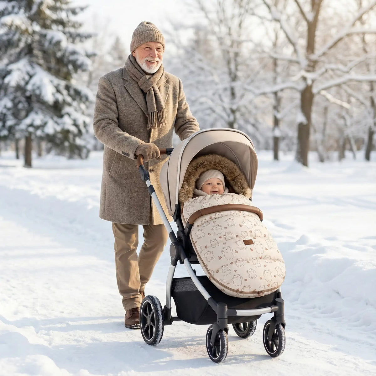 Bébé bien au chaud dans sa chancelière beige universelle à motifs ours lors d'une promenade en poussette dans la neige