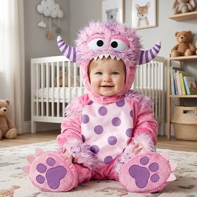 Déguisement bebe monstre fille rose à capuche