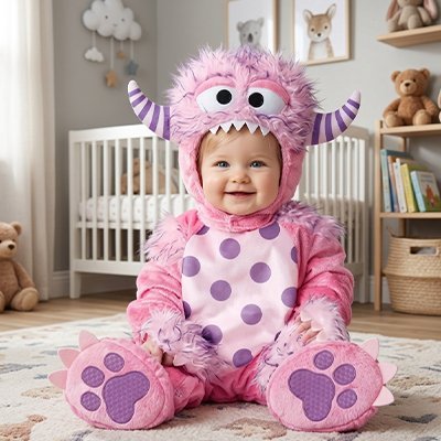 Déguisement bebe monstre fille rose à capuche
