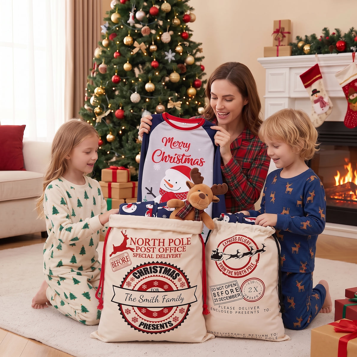 Maman et enfants sortant des pyjamas de Noël familiaux de deux grands sacs cadeaux en coton façon Pôle Nord au pied du sapin