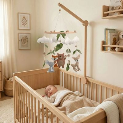 Mobile bébé animaux de la forêt installé au-dessus d'un lit bébé pour favoriser l'endormissement du bébé
