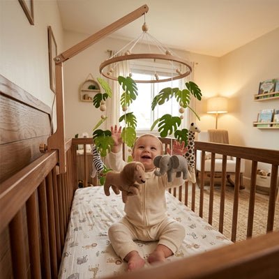 dans une chambre bébé dans son lit qui regarde en souriant et en levant les bras son mobile pour bébé avec animaux de la jungle