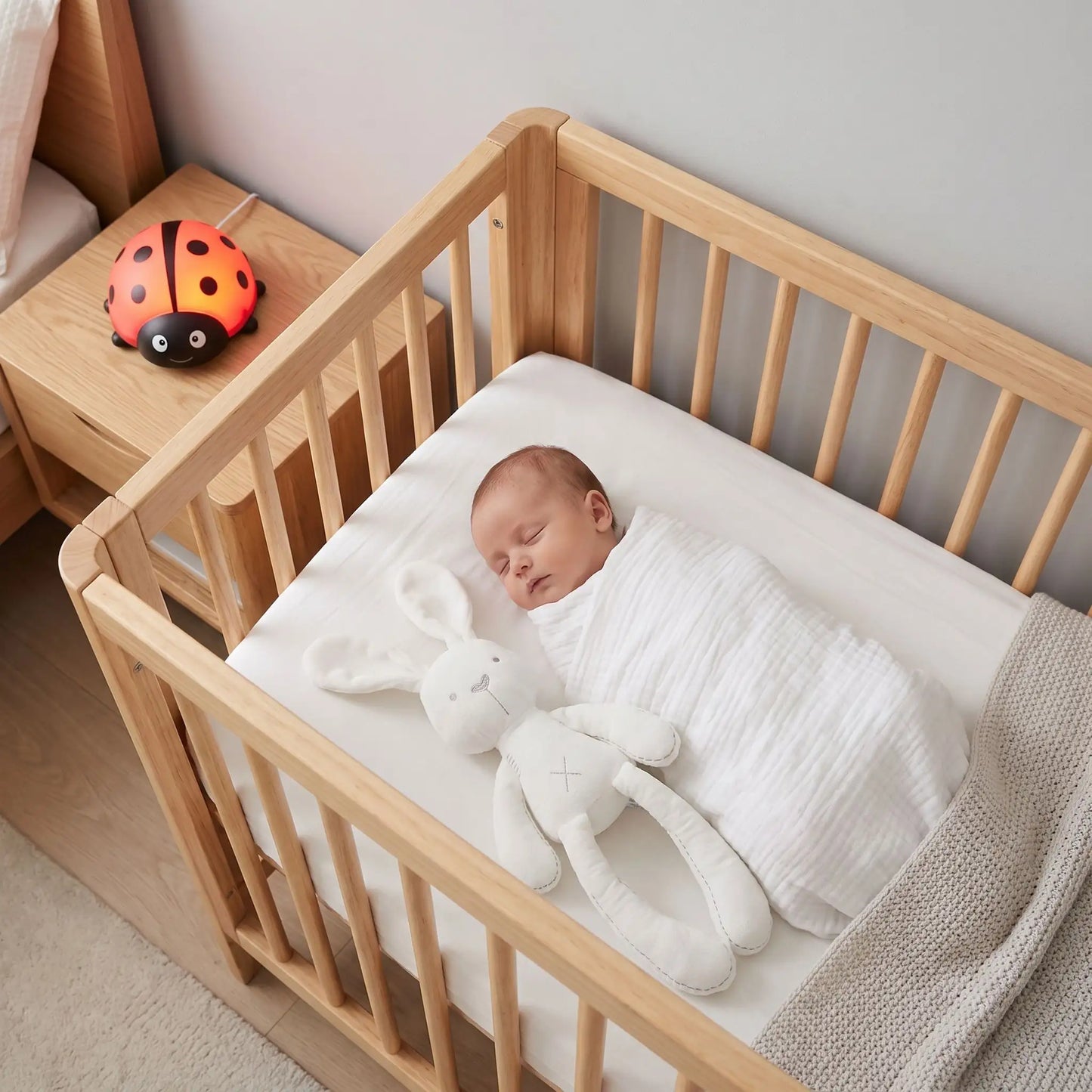 Nouveau-né emmailloté dormant paisiblement dans son lit à barreaux à côté de son doudou lapin blanc réconfortant.