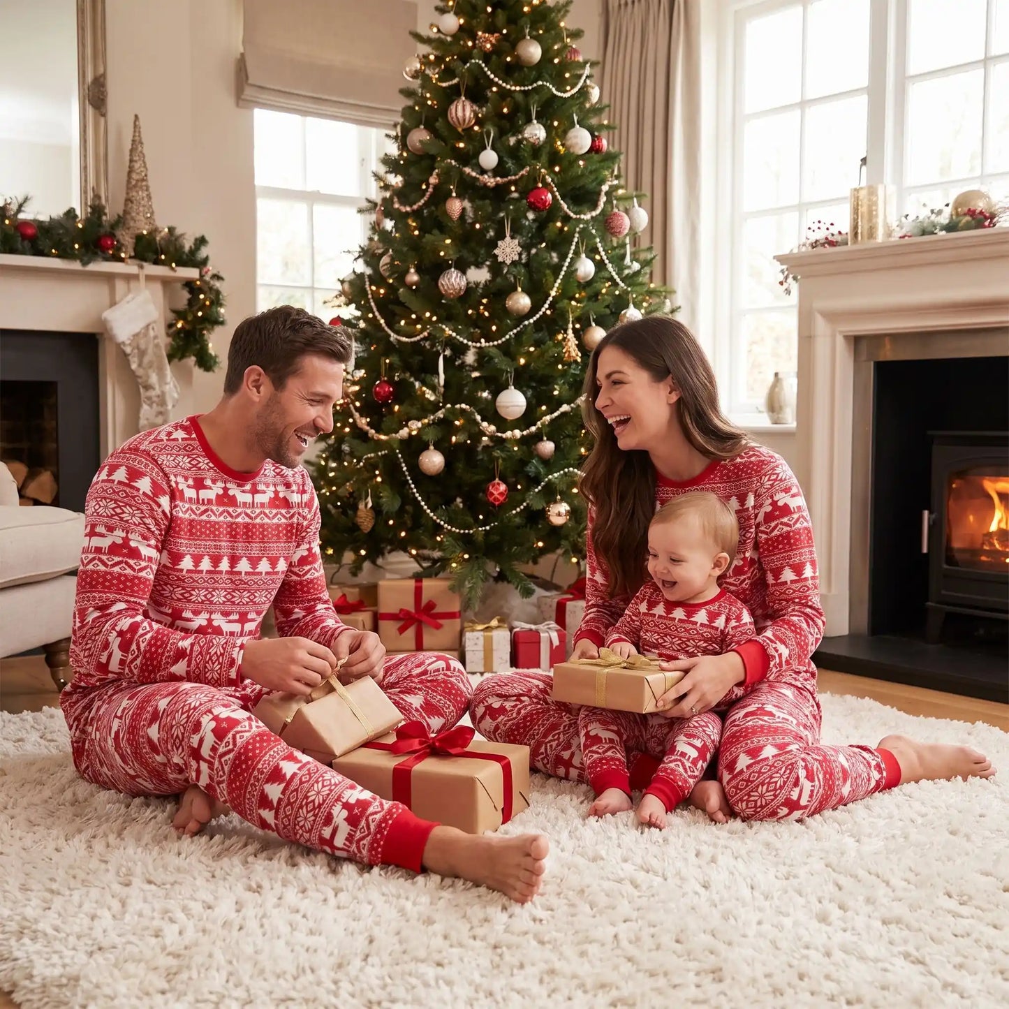 un couple et leur bébé assis sur un tapis blanc moelleux avec un sapin de noël joliment décoré qui porte tous un pyjama de noël assorti motif traditionnel pour toute la famille