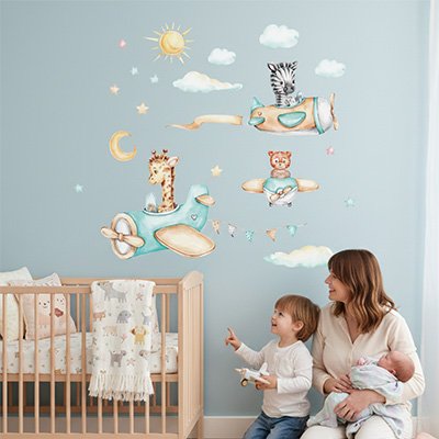 Stickers muraux enfant animaux volants repositionnable facile