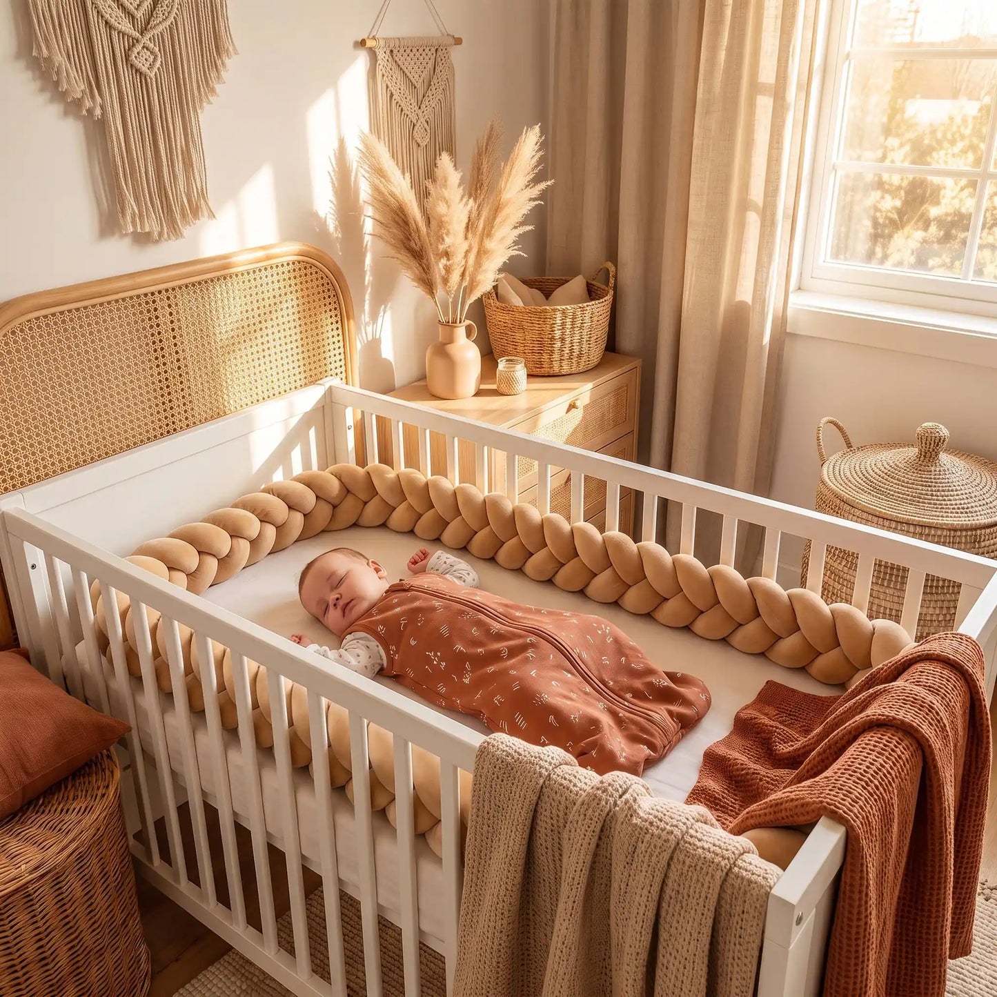 Chambre de bébé style bohème décorée avec une tresse de lit moutarde s'adaptant aux berceaux standards
