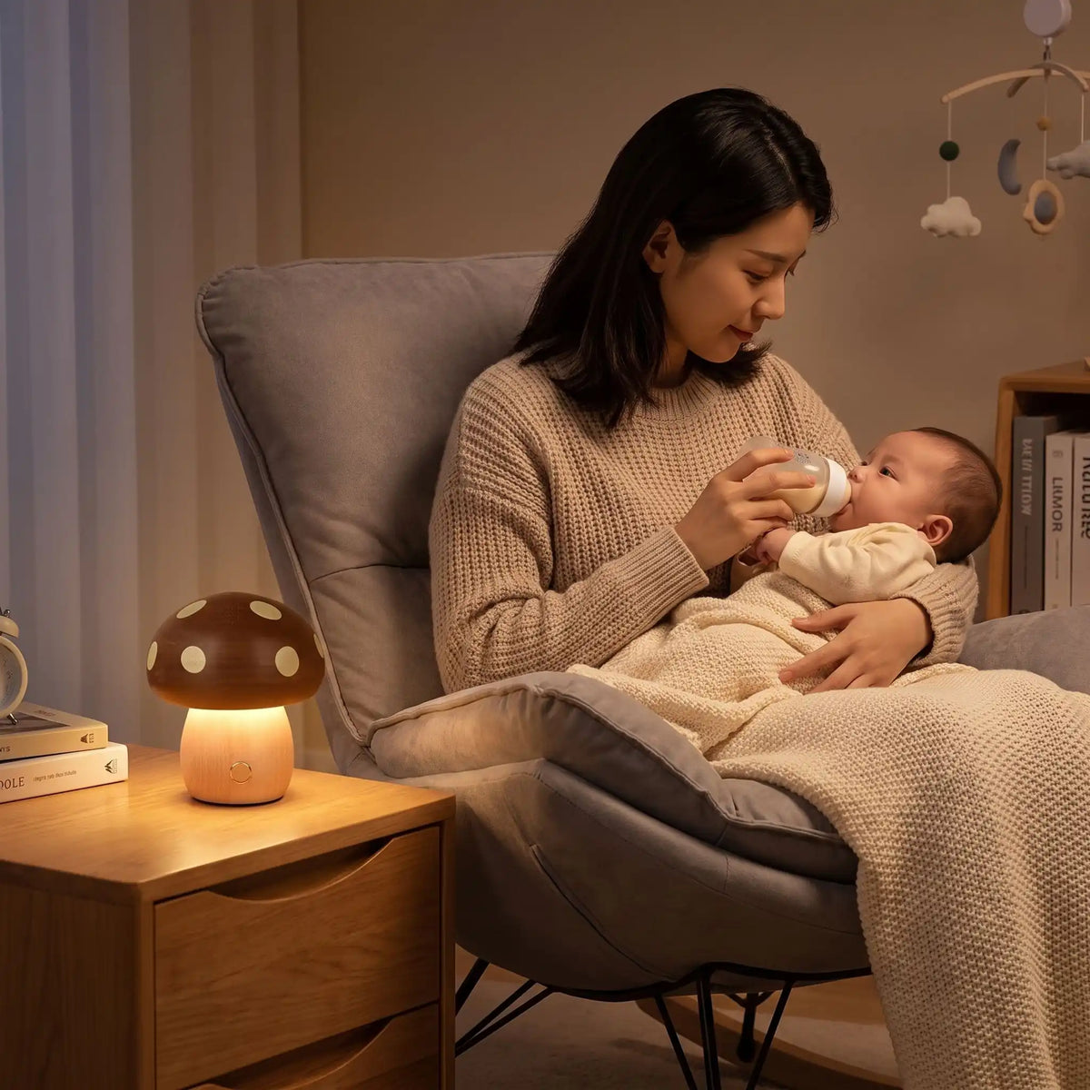 maman qui donne le biberon à son bébé dans la nuit avec une veilleuse bébé rechargeable en forme de champignons posée sur une table de chevet qui illumine la chambre d'une lumière tamisée