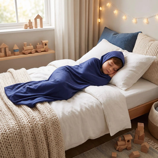 Petit garçon dormant paisiblement dans un drap de compression sensoriel bleu (cocon enveloppant) pour apaiser le sommeil de l'enfant TDAH.