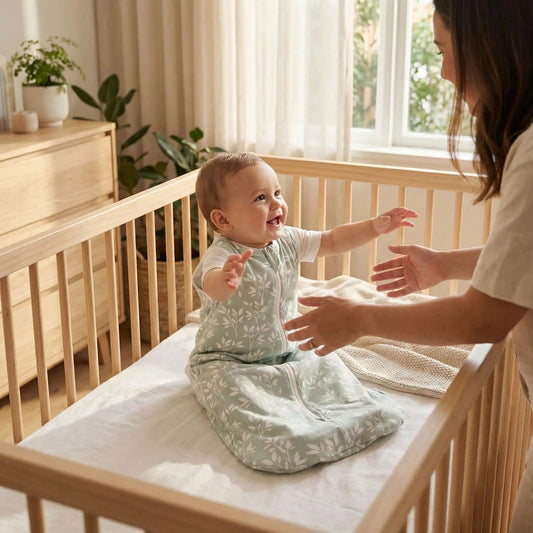 bébé dans son lit en gigoteuse été tog 1 coton qui tend les bras vers sa maman en souriant