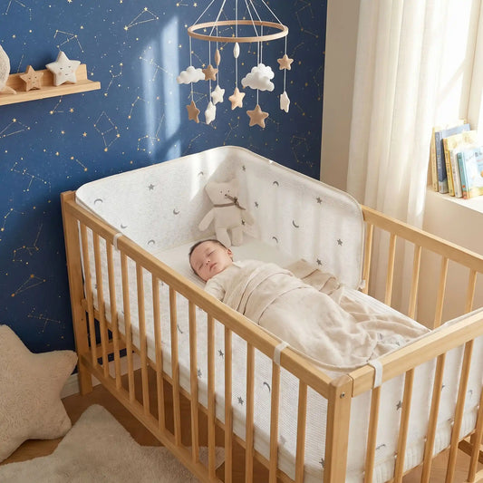 Bébé dormant paisiblement dans un lit équipé d'un tour de lit respirant en maille 3D avec motifs lunes et étoiles