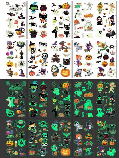 Lot de 10 planches de Tatouages Éphémères Halloween – Citrouilles Fluorescentes