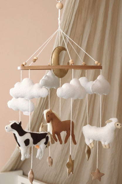 Mobile lit Bébé Ferme | Création Belge Vache, Cheval et Mouton Fait Main™
