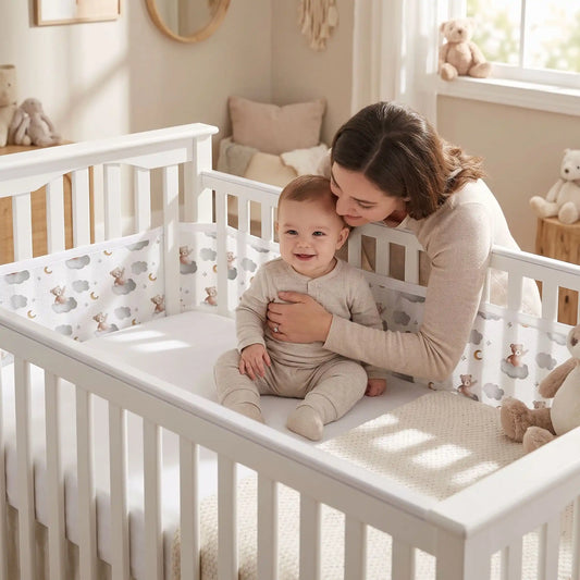 maman qui fait un câlin à son bébé assis dans son lit à barreaux protégé par un tour de lit respirant ourson