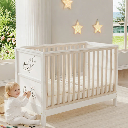 Petite fille blonde assise sur un tapis de fourrure dans une chambre d'enfant, dessinant avec un crayon sur le panneau de tête d'un lit bébé convertible blanc et bois