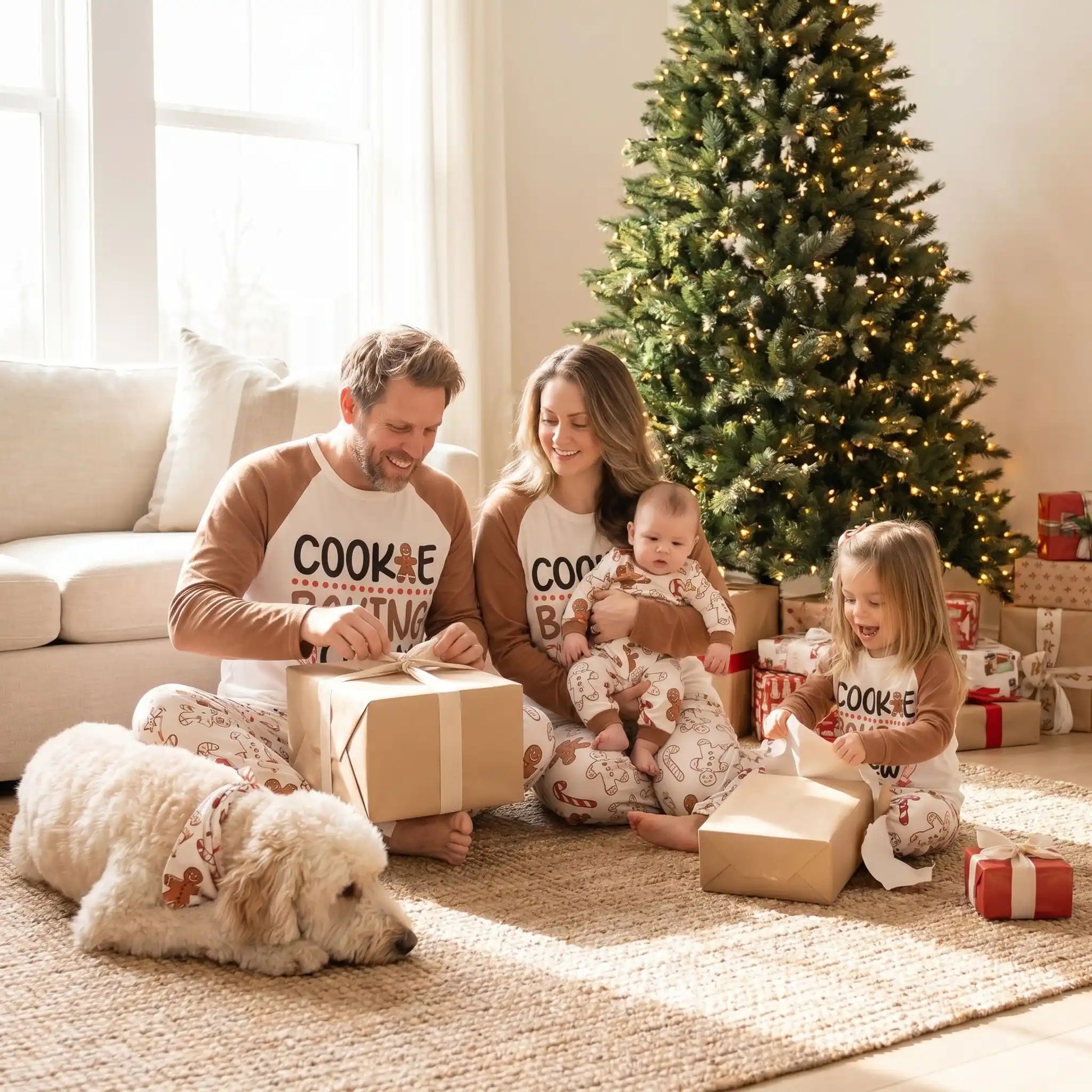 une famille autour du sapin assis à terre qui déballe leur cadeaux dans leur pyjama noël famille pain d'épices
