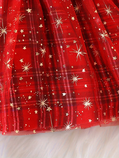 Robe de Noël Bébé Fille Volants et Tulle Étoilé | Petit Renne rouge étoilé™