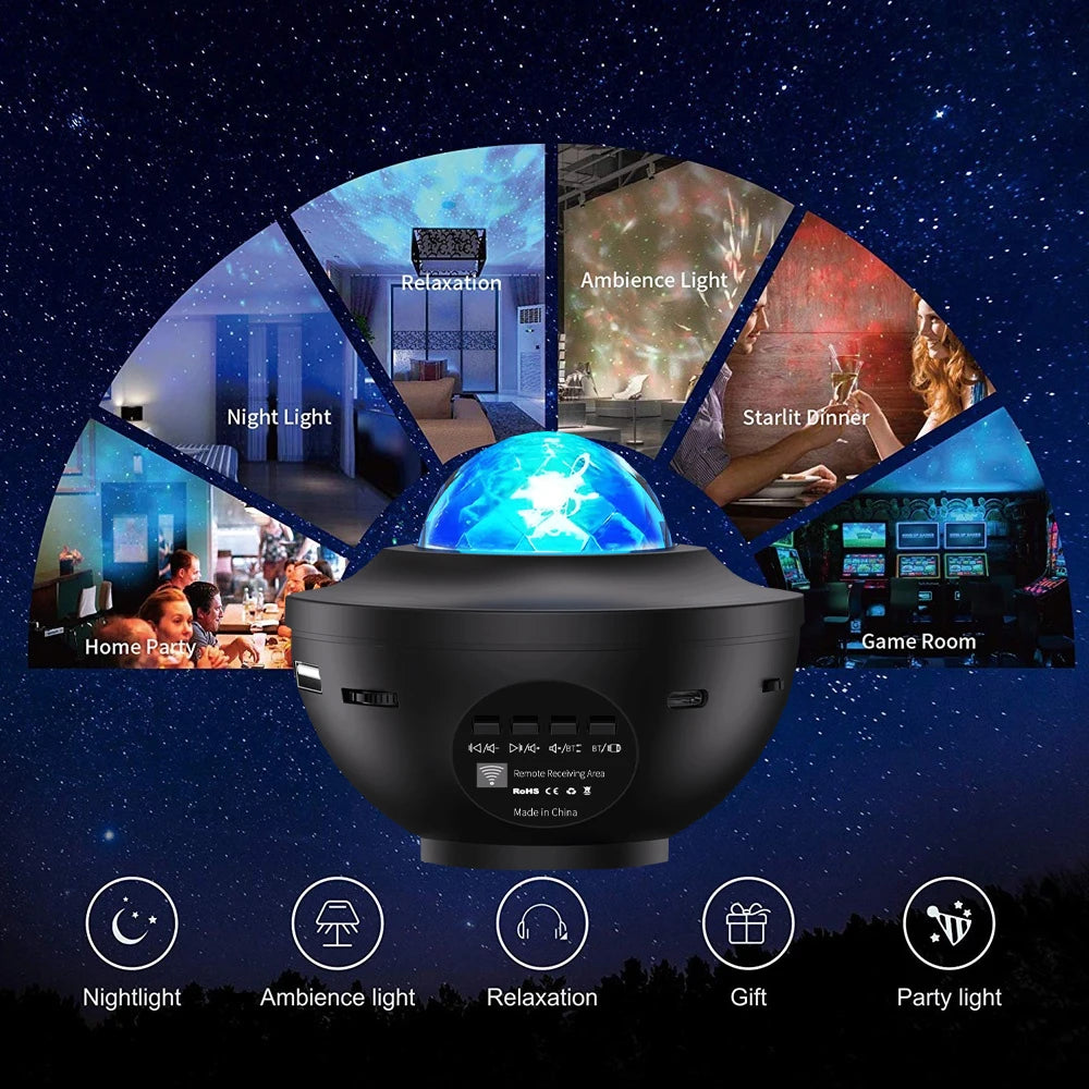 Projecteur de ciel étoilé LED, veilleuse Bluetooth, lecteur de musique, télécommande, vague d'océan, galaxie, lumière ambiante, décoration de chambre à coucher, cadeau