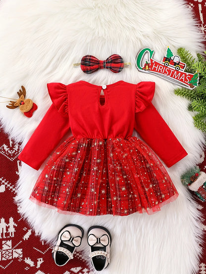 Robe de Noël Bébé Fille Volants et Tulle Étoilé | Petit Renne rouge étoilé™