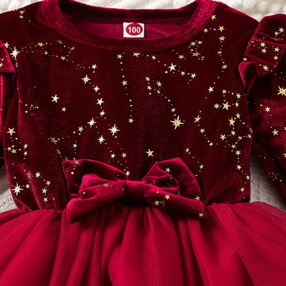 Robe de Noël Bébé Fille | Tenue de Fête Velours & Étoiles Dorées