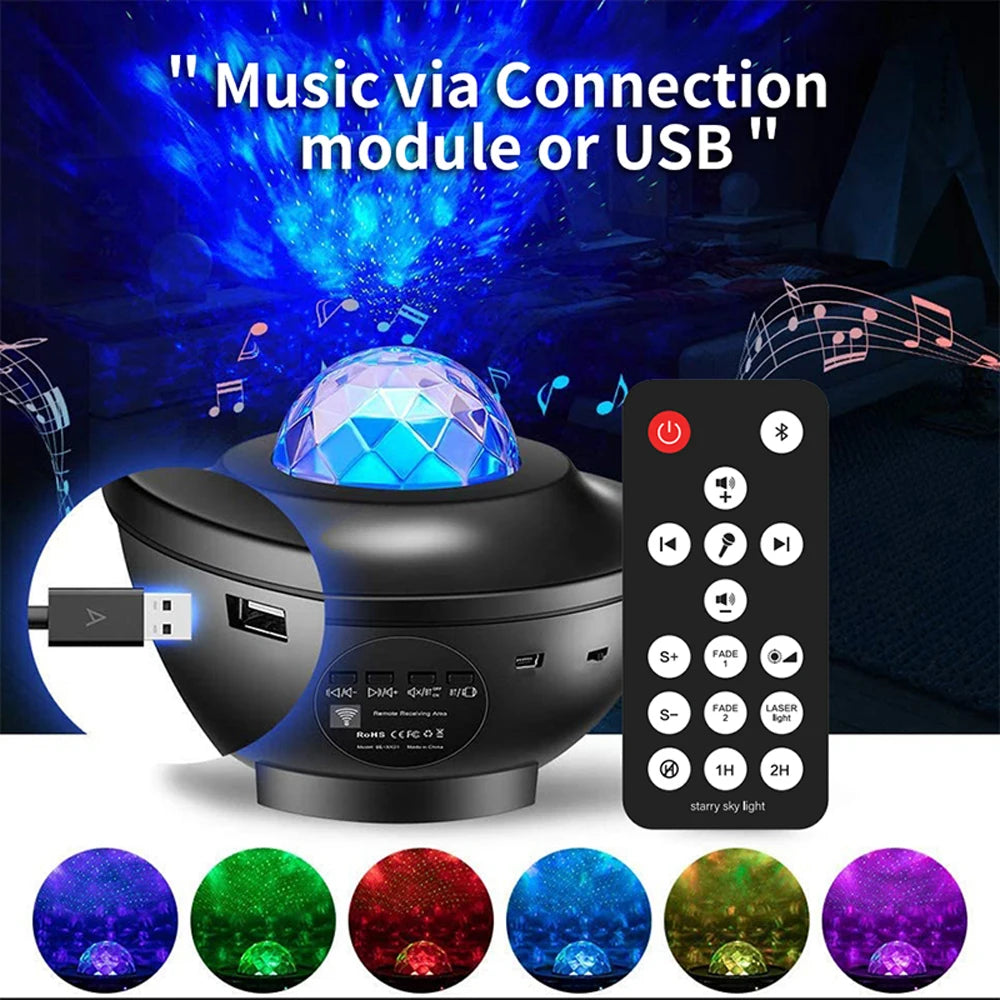 Projecteur de ciel étoilé LED, veilleuse Bluetooth, lecteur de musique, télécommande, vague d'océan, galaxie, lumière ambiante, décoration de chambre à coucher, cadeau