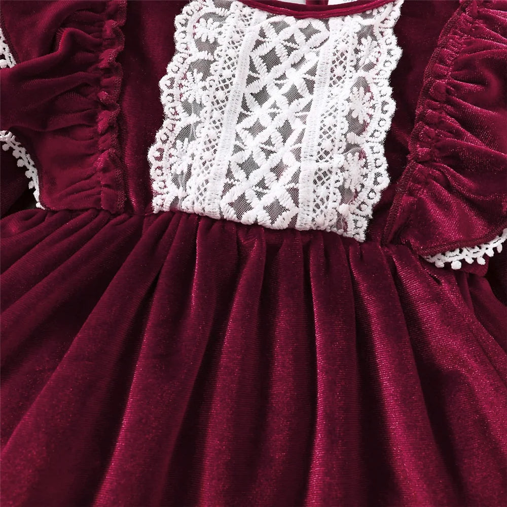 Robe de Noël Bébé Fille en Velours Bordeaux Vintage | Elise™