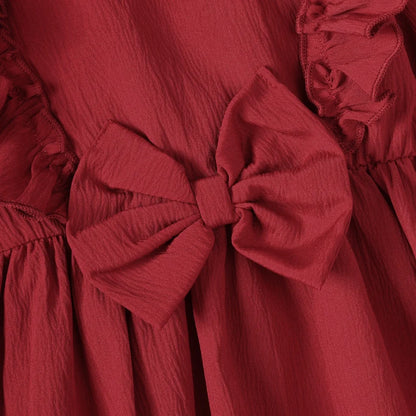 Robe de Noël Bébé Fille Rouge Bordeaux à Volants et Grand Nœud – Avec Bandeau Assorti