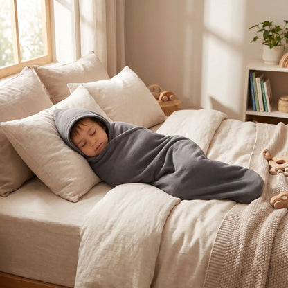 enfant TDAH qui dort avec une couverture enveloppante en forme de sac de couchage avec capuche pour réduire l'anxiété