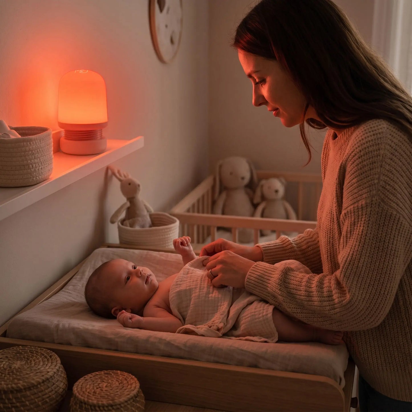 maman qui change son bébé sur une table à langer avec une veilleuse portable à lumière rouge anti éblouissement pour bébé