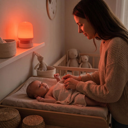 maman qui change son bébé sur une table à langer avec une veilleuse portable à lumière rouge anti éblouissement pour bébé