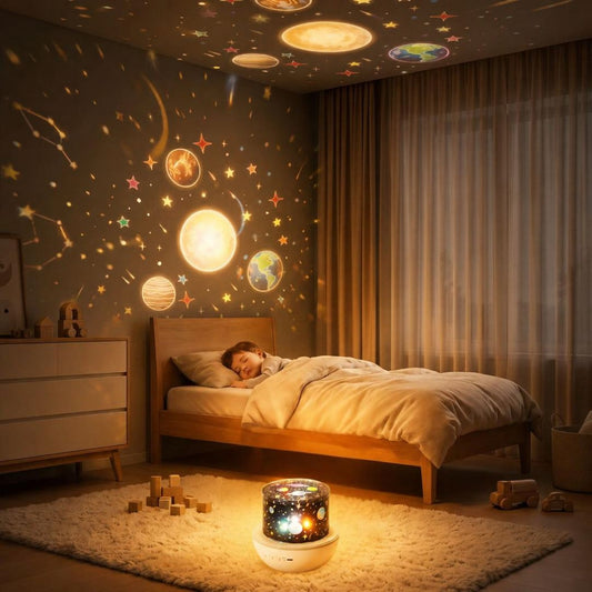 petit garçon qui dort paisiblement avec sa veilleuse musicale bébé lumineuse qui projette des constellations aux murs et plafond