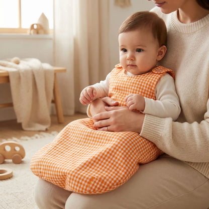 bébé sur les genoux de sa maman avec sa gigoteuse été double gaze de coton francaise