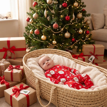 bébé couché confortablement dans un couffin en osier avec une couverture moelleuse dedans habillé d'une barboteuse assorti au pyjama de noel de la famille motif père noel 