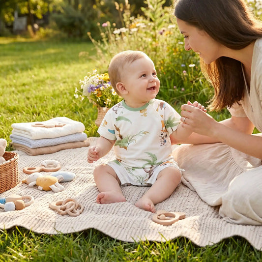 bébé habillé en barboteuse bébé 0-12 mois avec sa maman sur une couverture dehors 