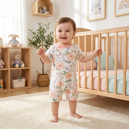 bébé debout avec sa barboteuse bébé fille combinaison été 1 pièce