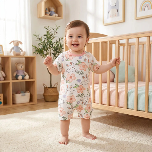 bébé debout avec sa barboteuse bébé fille combinaison été 1 pièce