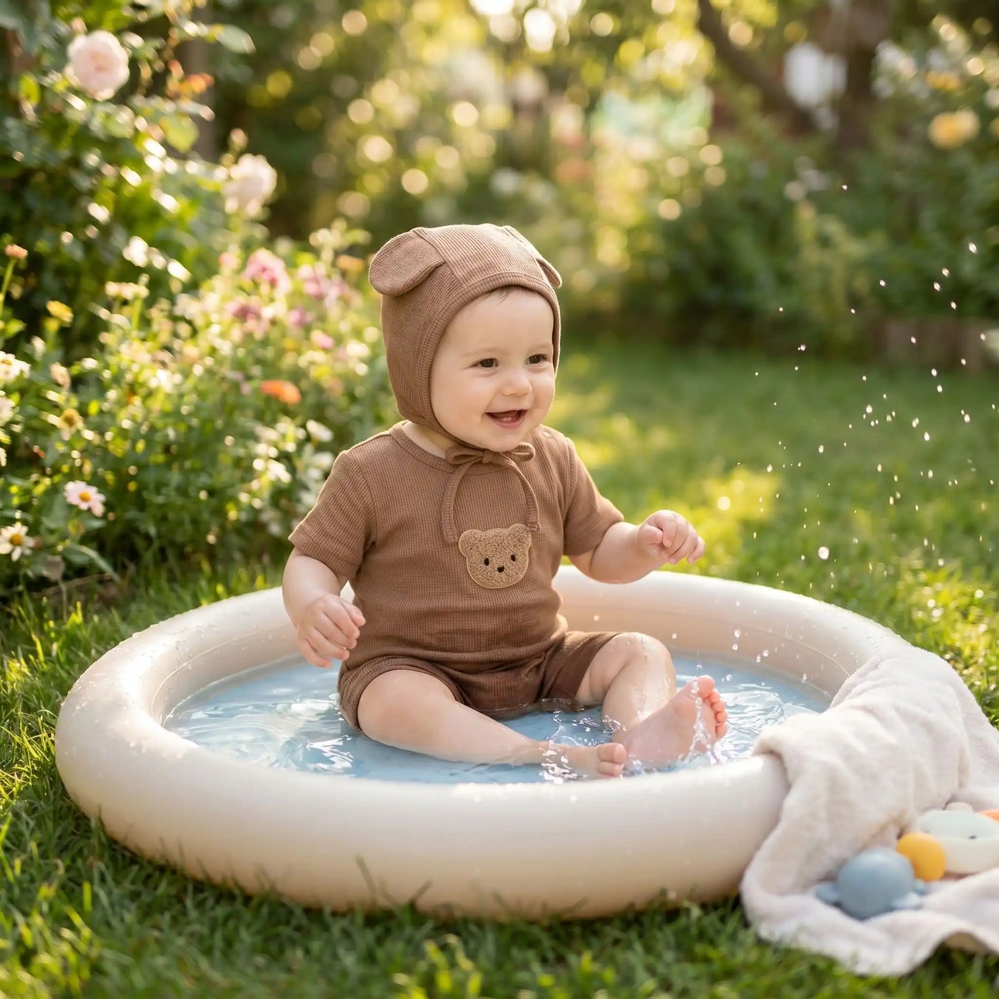 barboteuse bébé pour été ours brun avec  bonnet