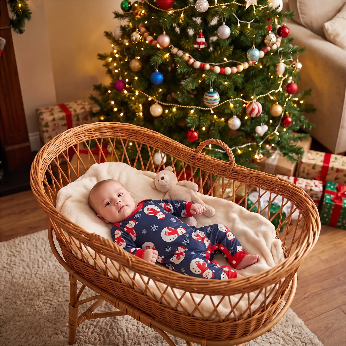 bébé dans une barboteuse de noel avec des motifs de bonhomme de neige couché au pied du sapin dans un couffin en osier