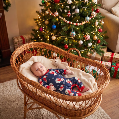 bébé dans une barboteuse de noel avec des motifs de bonhomme de neige couché au pied du sapin dans un couffin en osier