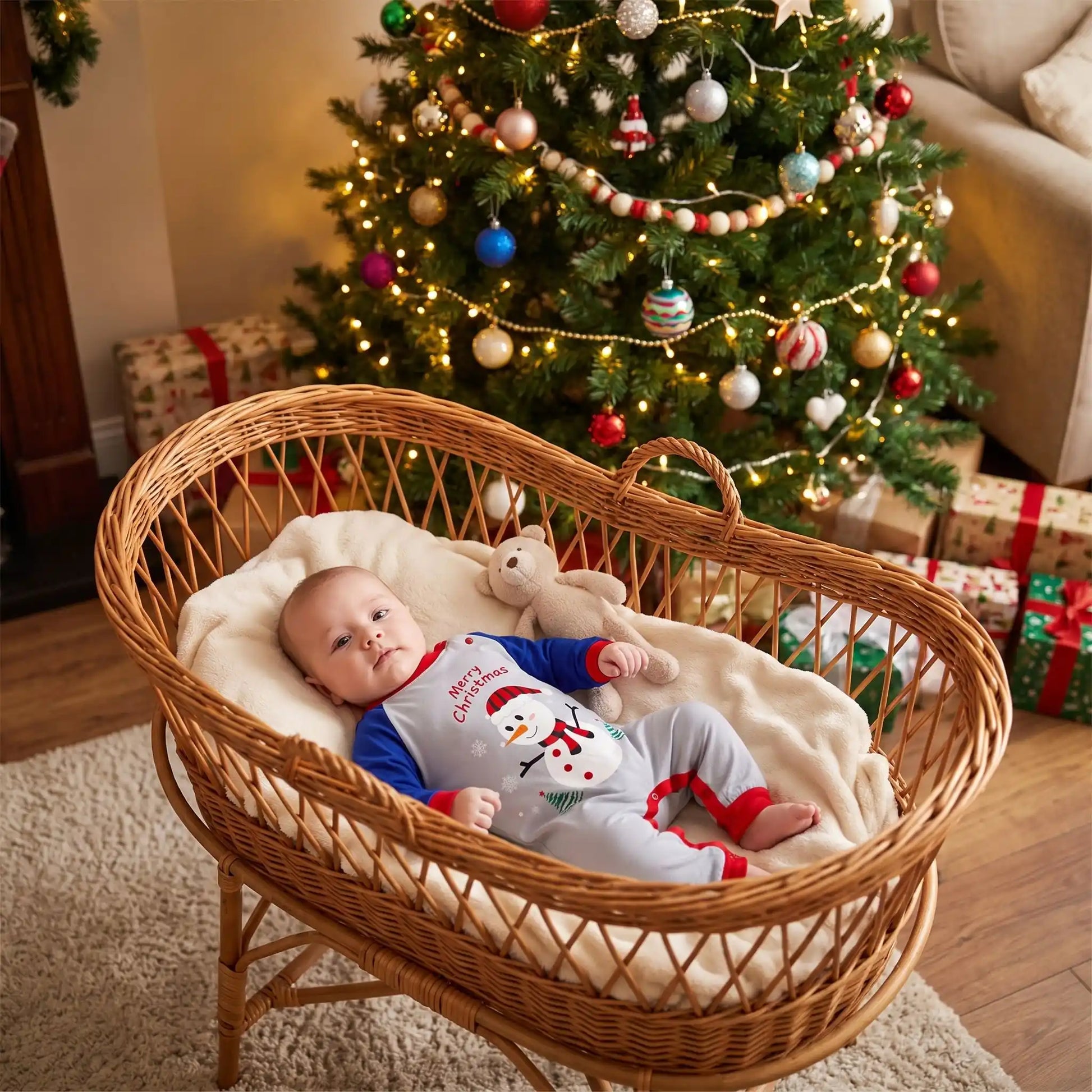 bébé couché dans un panier en osier habillé d'une barboteuse de noël bonhomme de neige avec un sapin de noël derrière
