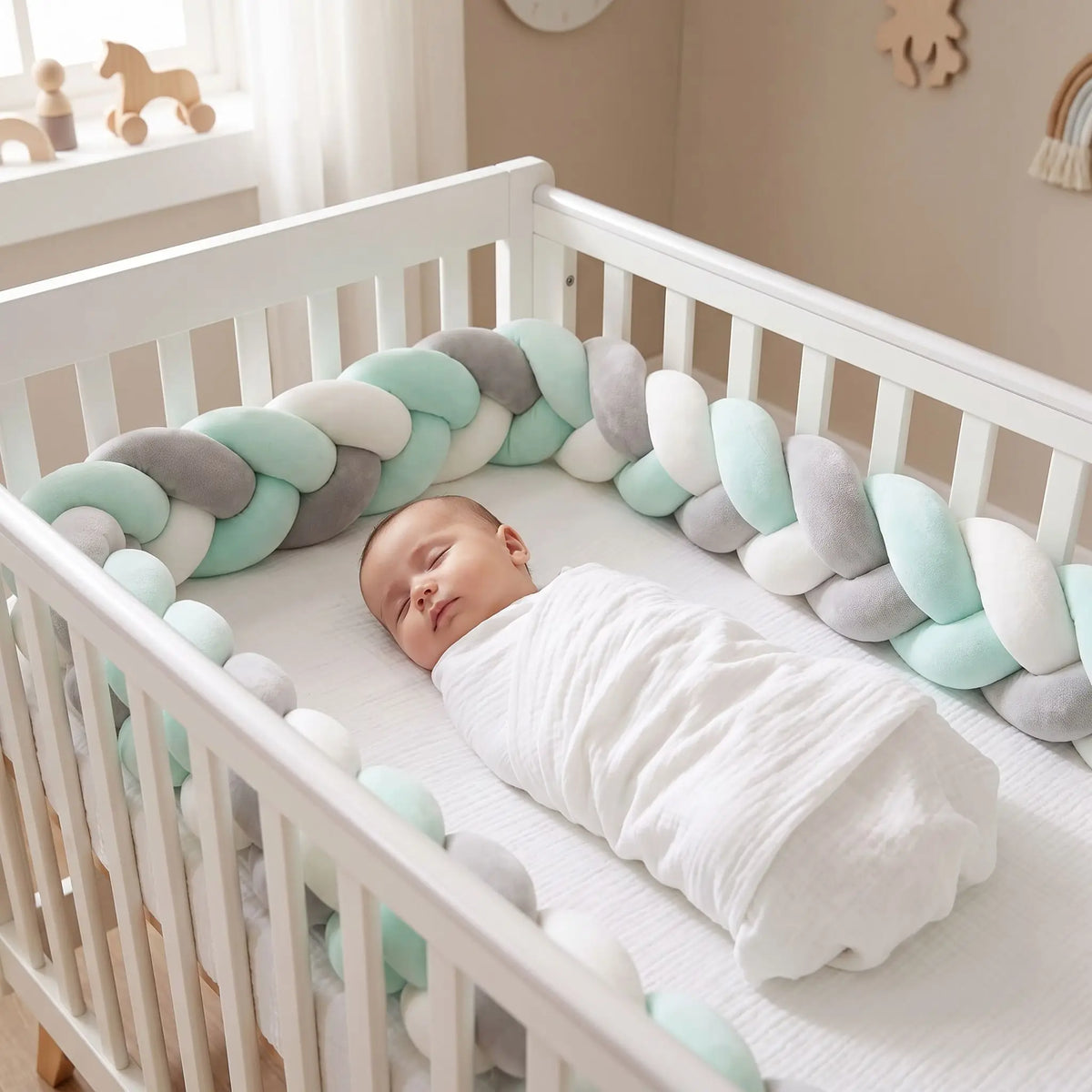 Bébé dormant paisiblement dans son berceau, protégé et entouré par une tresse de lit moelleuse en coton