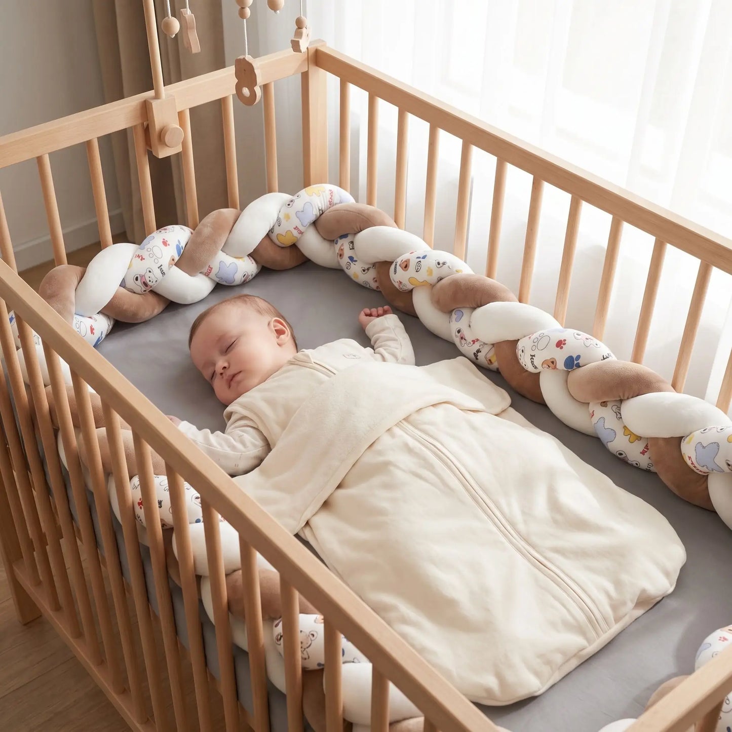 Nouveau-né dormant paisiblement en sécurité dans son lit à barreaux protégé par un tour de lit tressé marron