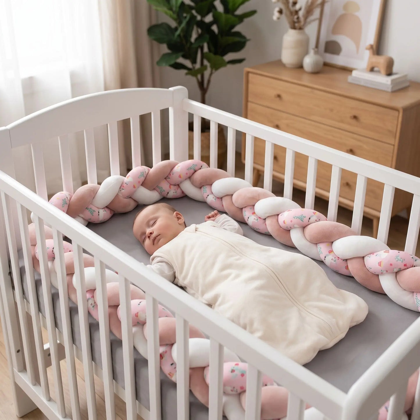 Bébé dormant sereinement et en toute sécurité, entouré de sa tresse de lit rose poudré protectrice