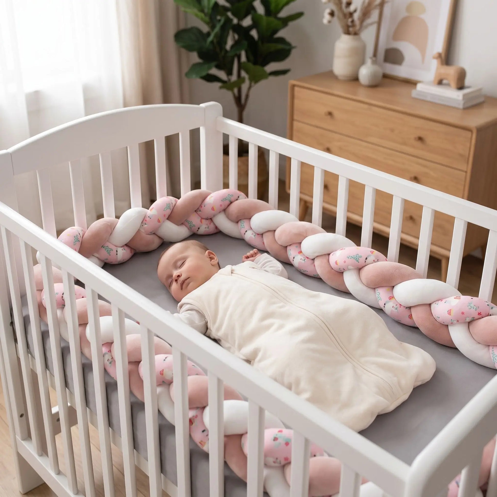 Bébé dormant sereinement et en toute sécurité, entouré de sa tresse de lit rose poudré protectrice