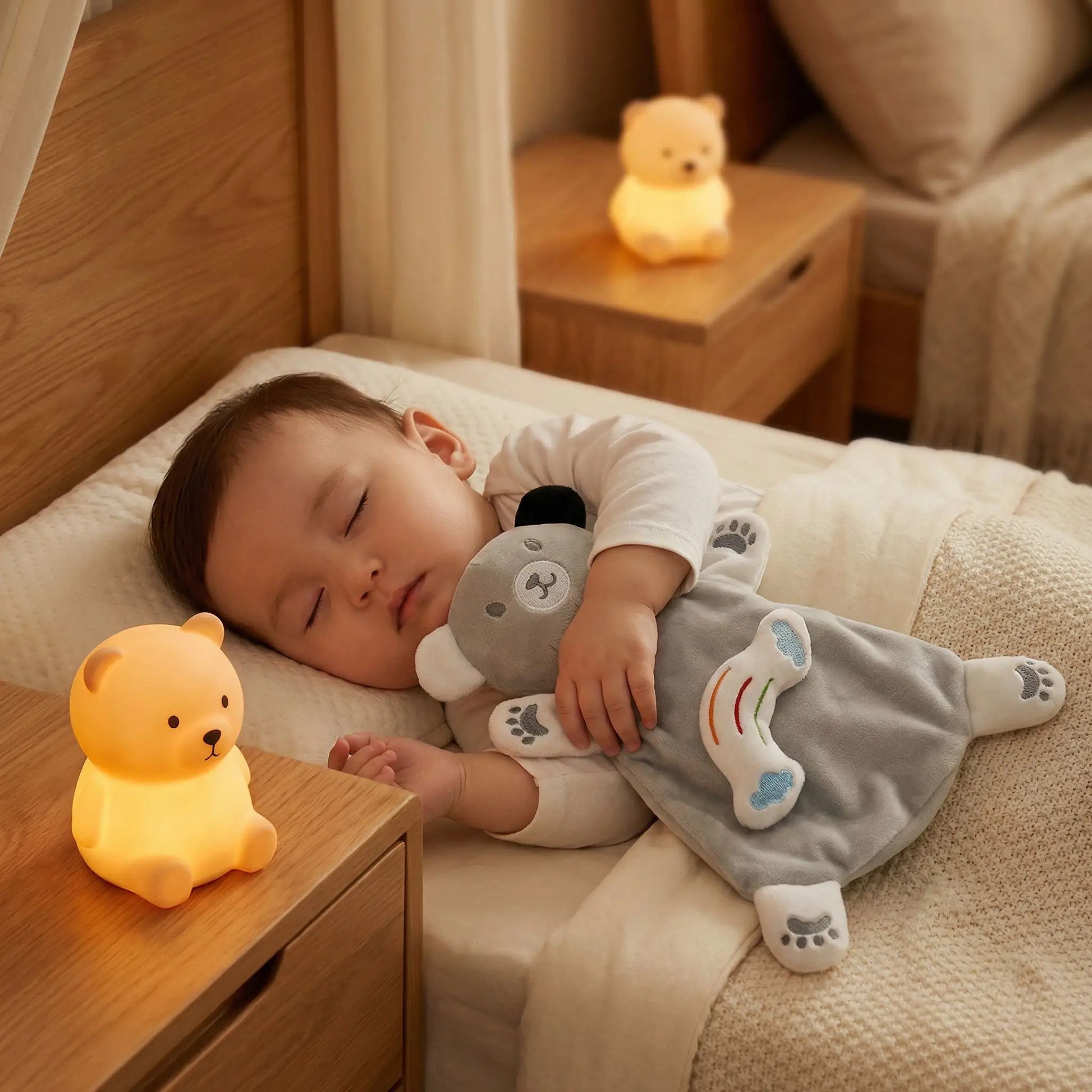 bebe endormit avec doudou ours marionnette et veilleuse ours