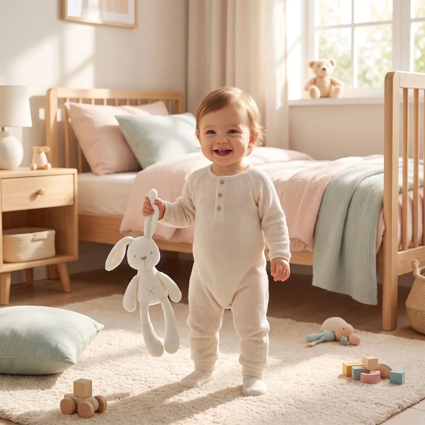 Bébé heureux debout dans sa chambre tenant facilement son doudou lapin blanc par ses longues oreilles adaptées aux petites mains.