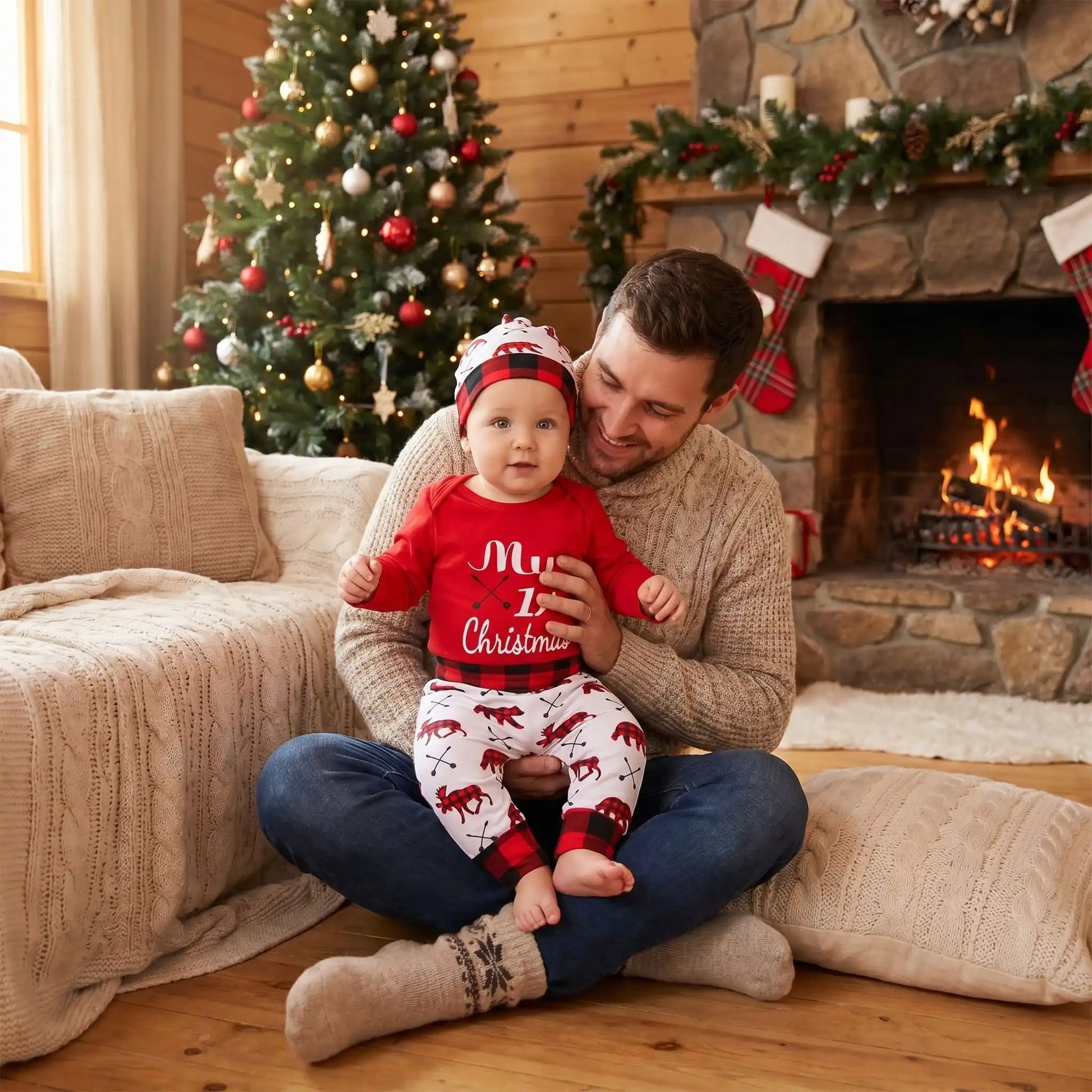papa assis avec sur ses genoux son bébé vêtu de son bebes pyjama noel rennes à carreaux rouge et noir