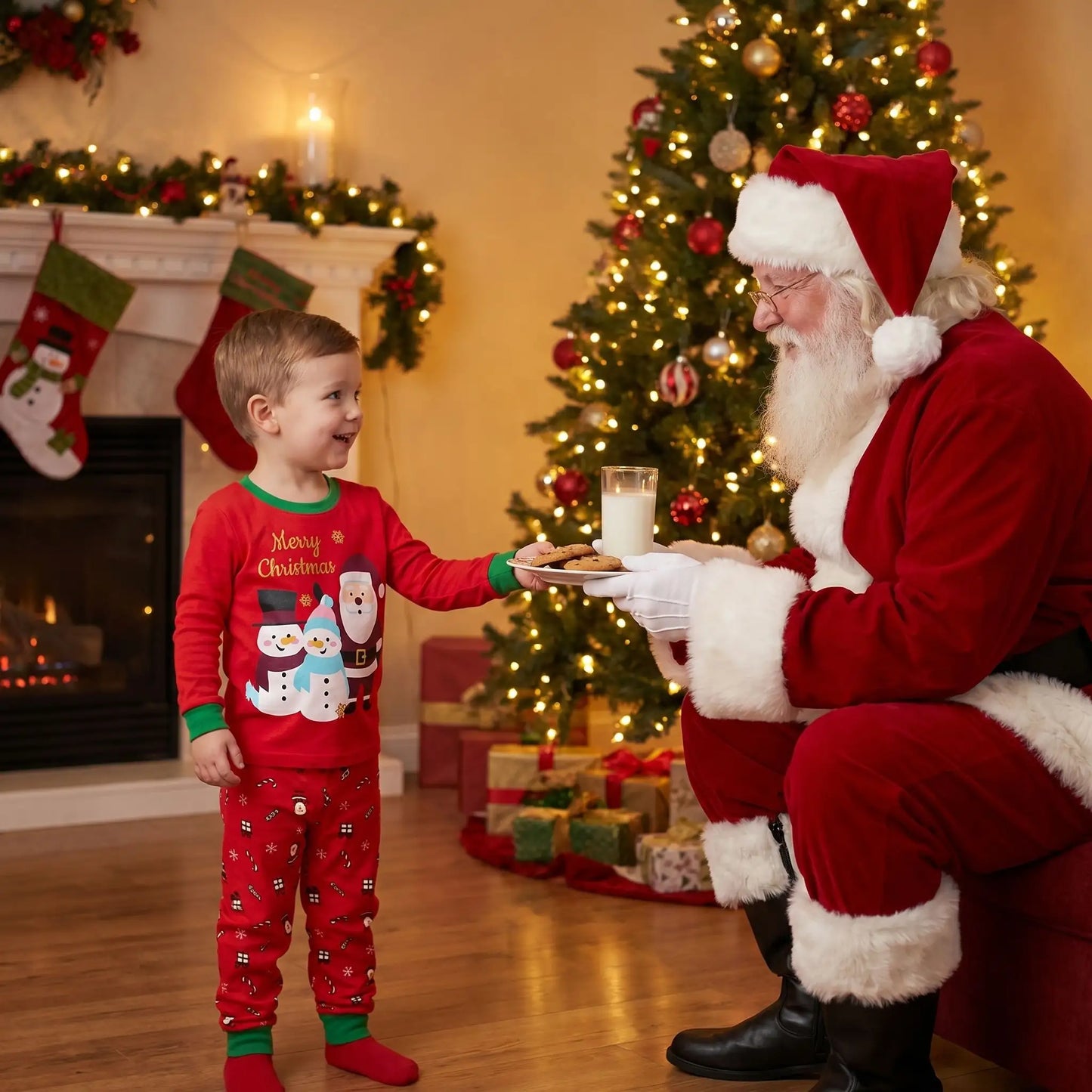 petit garçon en pyjama pour bébés de noël rouge avec des bonhommes de neige qui donne des biscuits et du lait au père noël
